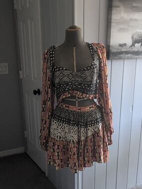 Free People Two-Piece Crop Top & Skirt Set in Black, Pink, Cream